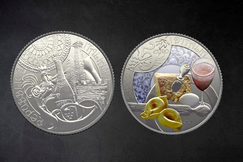 Cannoli e tortellini su 2 monete, omaggio a cultura enogastronomica